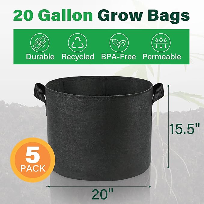 LotFancy 5-Pack 20 Gallon Grow Bags, 300G Thickened Nonwoven Fabric Pots with Reinforced Handles, Heavy Duty Aeration Planter Bags for Vegetables Flowers Fruits, Black
