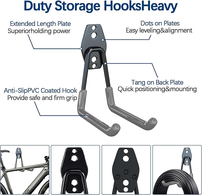 3-H Garage Wall Hooks Heavy Duty 8 Pack, Anti-Slip Steel Wall Mount Storage Hooks for Hanging Ladder Garden Yard Tools, Utility Organizer for Garage Lawn Shed(Gray)
