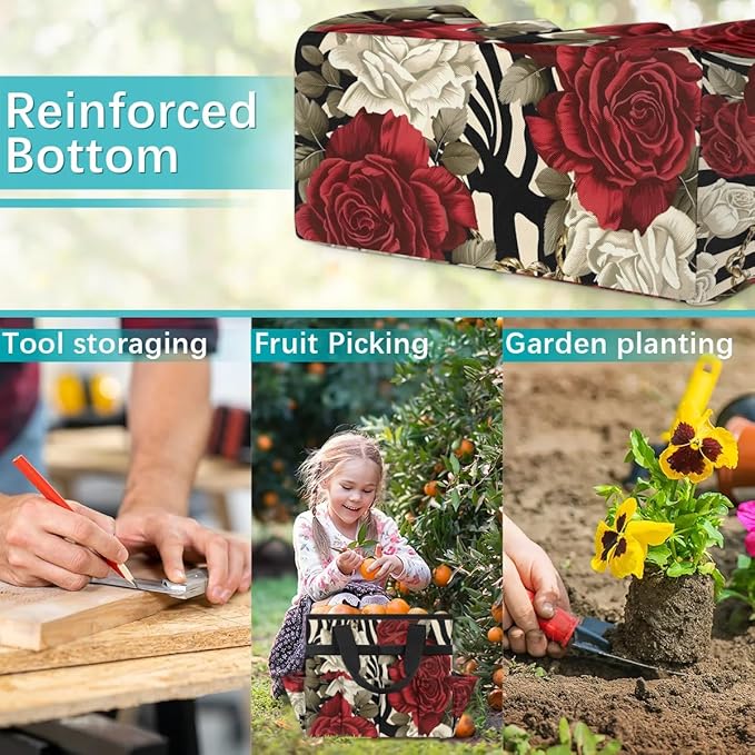 Garden Tool Bag Organizer Garden Tote Bag with Pockets Rose Zebra Pattern Tool Storage Organizer Gardening Tool Kit Holder 13" x 6.8" x 2.8"