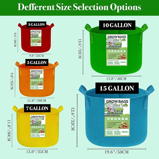 3 Gallon Grow Bags, Colorful Grow Bags 3Gal Fabric Planters Grow Bags, Fabric Plant Grow Bags Garden Bgas Fabric Pots Tomato Planter Bags for Vegetables Flowers, 5-Pack