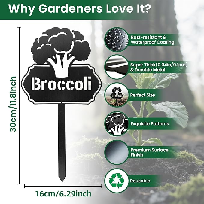 CUTHOLLOW Metal Plant Marker Stake Broccoli for Outdoor Indoor, Waterproof 11.8 inch Cute Garden Plant Labels Sign Tag for Vegetables, Farmhouse Greenhouse Decor - Funny Gardening Gifts