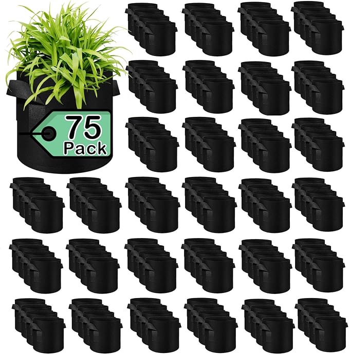 75 Pack 5 Gallon Plant Grow Bags Bulk, Thickened Nonwoven Fabric Pots with Handles, Black Vegetable Planter Bags Containers, Cloth Planters for Garden Vegetable/Flower/Plant/Fruits Outdoor