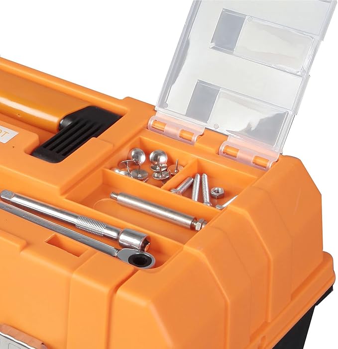 Jack Boss 17 Inch 3-Tier Portable Plastic Tool Box – Multi-Function Organizer, Black/Orange