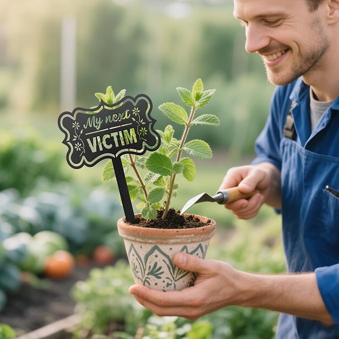 CUTHOLLOW Metal Plant Marker Stake My Next Victim for Outdoor Indoor, Waterproof 11.8 inch Cute Garden Plant Labels Sign Tag for Herb, Farmhouse Greenhouse Decor - Funny Gardening Gifts