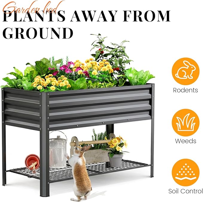 KING BIRD Large Raised Garden Bed with Legs & Storage Shelf Galvanized Elevated Planter Box for Backyard, Patio, Balcony, 400lb Capacity, Dark Grey 48×24×30 in