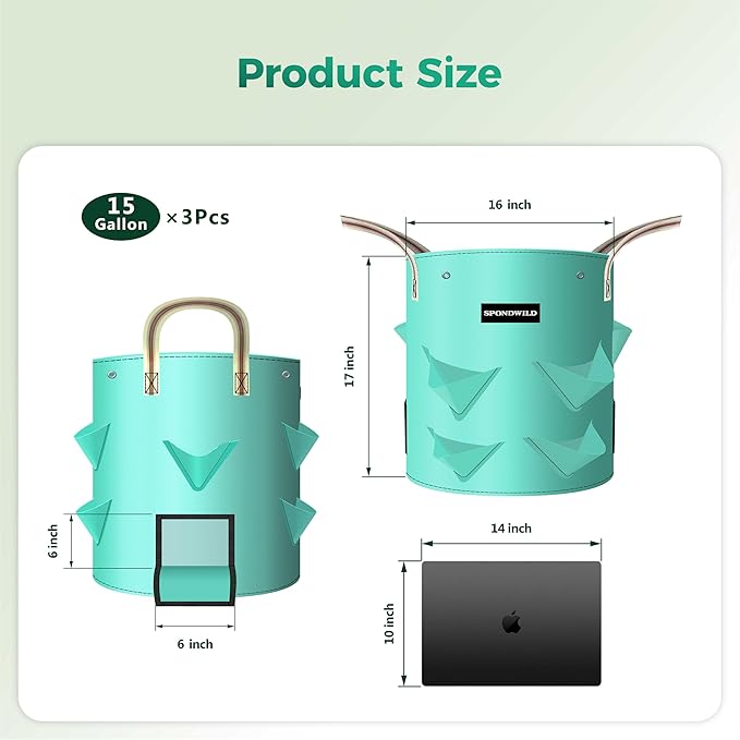 3 Pack 15 Gallon Strawberry Grow Bags, Heavy Duty Reusable PE Pots with Breathable Window, Branch & Drainage Holes, Reinforced Handles for Strawberries, Veggies, Flowers, Balcony/Patio Use