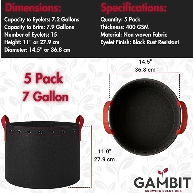Fabric Grow Bags – 7 Gallon (5-Pack) Heavy-Duty 500G Pots with Handles & LST Rings for Vegetables, Flowers, Fruits