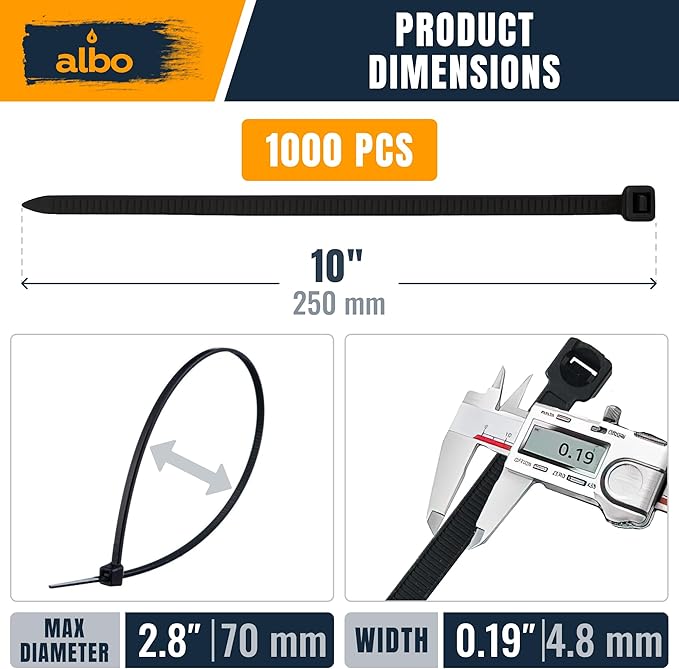 ALBO Zip Ties Black 10 Inch 1000 Pack 50 lb, Long Plastic Cable Ties Thick 0.19 Inch Tie Wraps Heavy Duty UV Resistant Nylon Wire Ties for Indoor and Outdoor