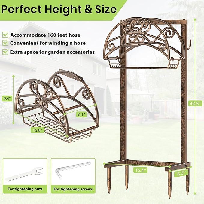 TomCare Garden Hose Holder Upgraded Water Hose Holder Heavy Duty 4 Spikes Hose Hanger Holds 160 Feet Hoses Stable Freestanding Hose Storage Organizer for Outside Yard