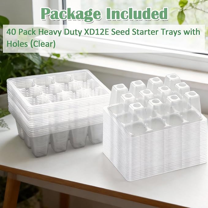 RooTrimmer 40 Pack Reusable 12-Cell Clear Seed Starter Trays - Extra Large Drainage Holes, Easy to Repotted, Clear Transparent Tray for Root Observation, Seed Starting, Fits 1020 Flats and TD377 Trays