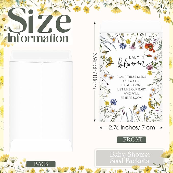 Fumete 50 Pcs Baby in Bloom Seed Packet Favors Baby Shower Wildflower Kraft Self Adhesive Envelopes Mini Organizer for Garden Office Gift Party Favors, No Seeds, 5 Styles