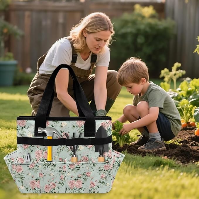 Rose Print Garden Tool Bag Portable Gardening Tool Organizer Bag with 10 Pockets and Handle Tool Carrier and Storage for Garden Lawn Yard Casual Camp