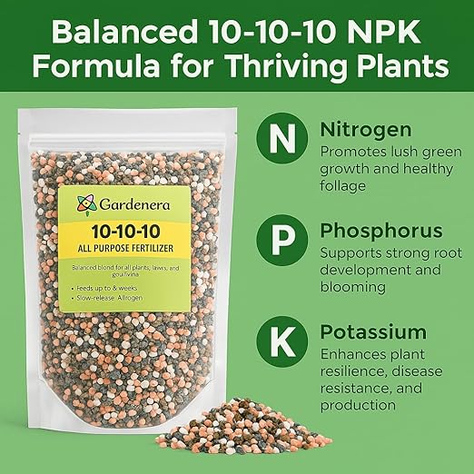 Professional 10-10-10 All-Purpose Soil Fertilizer by Gardenera - Ideal for Flowers, Plants, Vegetables, Fruit Trees and Lawns - 3 Quarts