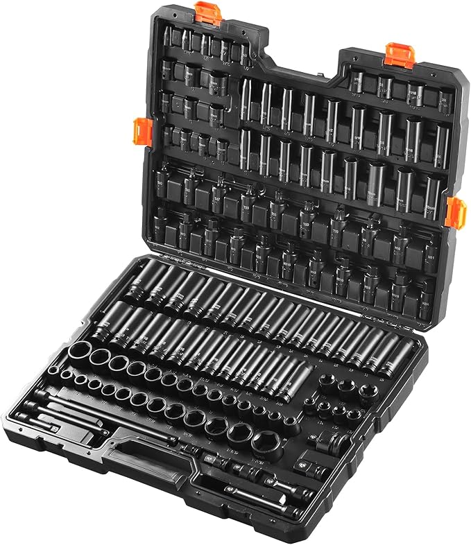 VEVOR Impact Socket Set 130 Piece 3/8" & 1/2" - SAE & Metric Drive Socket Set - 6 Point Cr-Mo Alloy Steel for Auto Repair - Easy-to-Read Size Markings - Includes Storage Case
