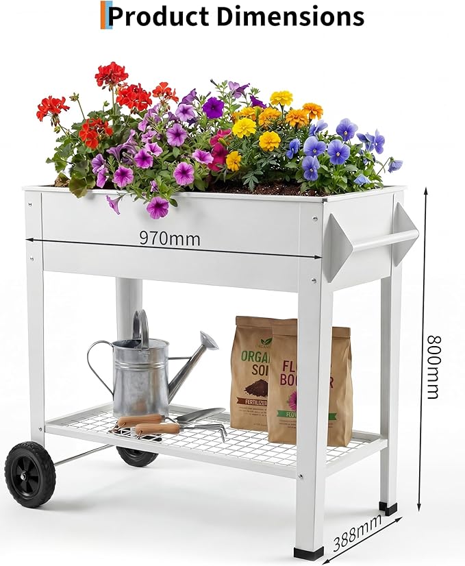 Garvee Elevate 39" Raised Garden Bed with Wheels & Storage Shelf, 400 Lbs Capacity, Anti-Rust Steel Planter Box for Vegetables & Herbs, Patio/Balcony/Backyard