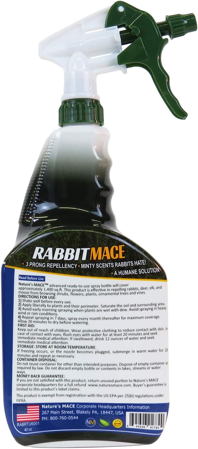 Nature’s Mace Rabbit Concentrate, Outdoor Rabbit Repellent Spray, Mint Scent, Safe for People, Pets & Plants, Protects Garden & Lawn from Rabbits 40 Fl Oz (Pack of 1)