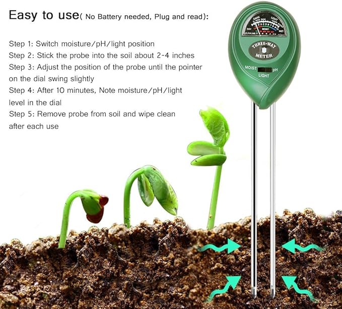 Soil Meter, 3-in-1 Soil Moisture Sunlight pH Tester, No Battery Needed, Soil Hygrometer Moisture Sensor Plant Tester Kits Indoor & Outdoor(Home, Lawn, Garden, Farm)
