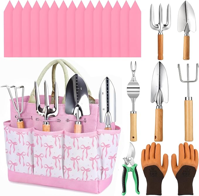 Chumia 9 Piece Pink Gardening Tools for Women Mothers Garden Gifts Pink Bow Gardening Set Stainless Steel Heavy Duty Garden Tools Kit with Organizer Bag Ergonomic Wooden Handle for Gardeners Beginner