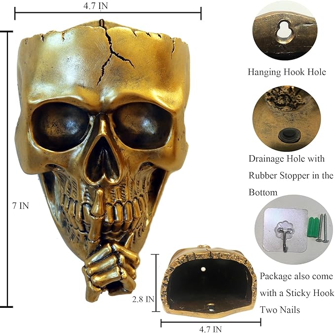 Gothic Skull Planter - Wall or Table Top, Unique Gold Skull Face Vase with Drainage, Spooky Indoor/Outdoor Plants
