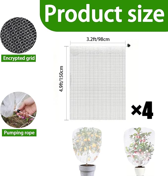 4 Pack Bird Netting for Blueberry Bushes, 3.3 * 4.9Ft Tomato Plant Netting, Plant Covers from Insects, Mesh Plant Protector for Tomatoes, Fruit Tree, Flowers, Vegetables with Drawstring