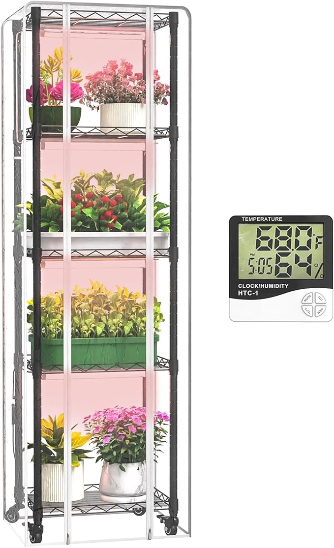 Indoor Greenhouse with Grow Lights,with 40W Full Spectrum Growing Lamps for Seed Starting , 5 Tier 15.7" L×11.8" W×62.3" H Mini Greenhouse，Grow Light Shelf with Tent and Thermometer