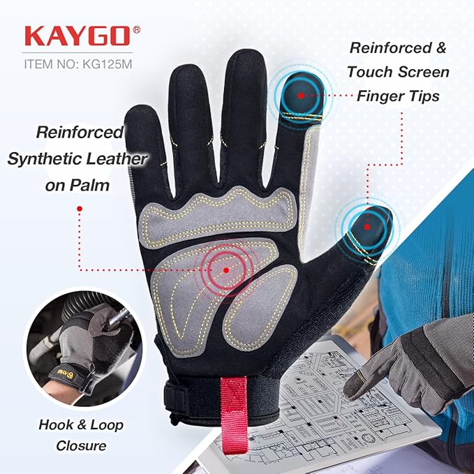 KAYGO Work Gloves For Men, KG125M Mechanic Utility Work Gloves for All Purpose, Excellent Grip, Heavy Duty, Improved Dexterity, Touch Screen, 2X-Large
