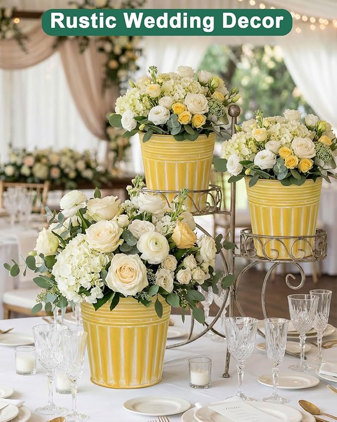 6 Inch Yellow Metal Rustic Flower Pots - 6Pcs Galvanized Planters with Drainage Hole and Rubber Plug, Rustproof Metal Bucket Plant Pots Farmhouse Vintage Style for Decor