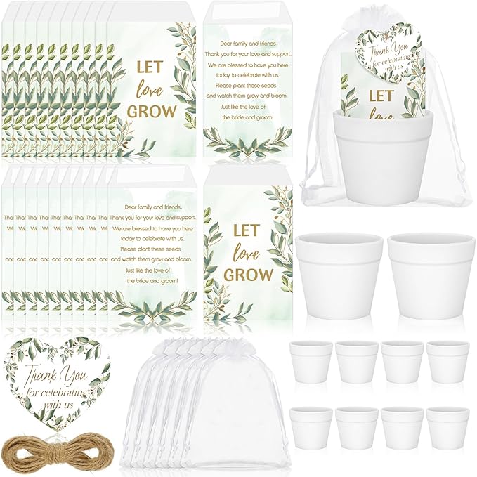 Ctosree 50 Sets Let Love Grow Wedding Favors for Guests Include Self Adhesive Seed Packets (Seed Not Include) White Flowerpot Thank You Tags and Organza Gift Bags for Bridal Shower Wedding Party Favor