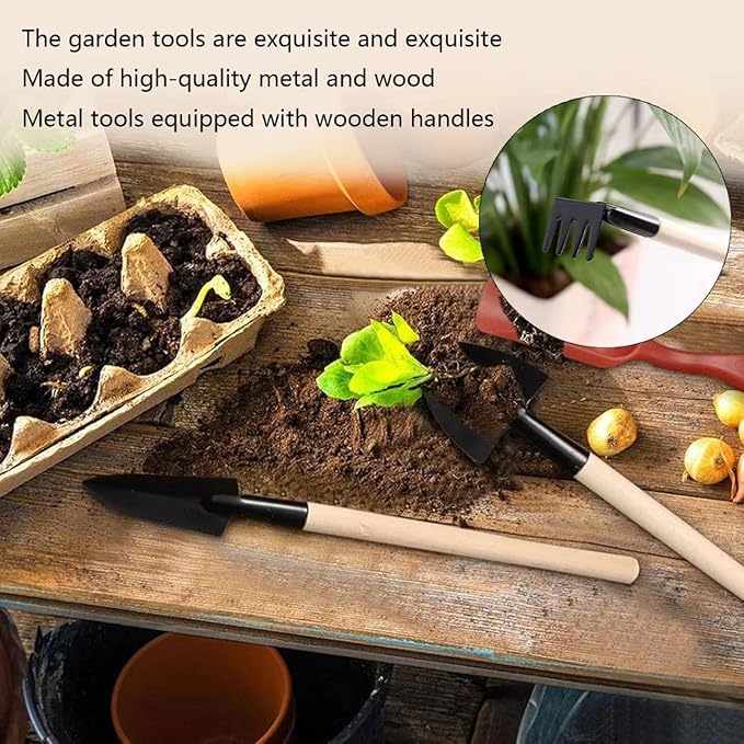 3Pcs Mini Gardening Tool Set with Wooden Handles Includes Small Hand Rake and Spade Ideal for Bonsai and Potted Plants Care