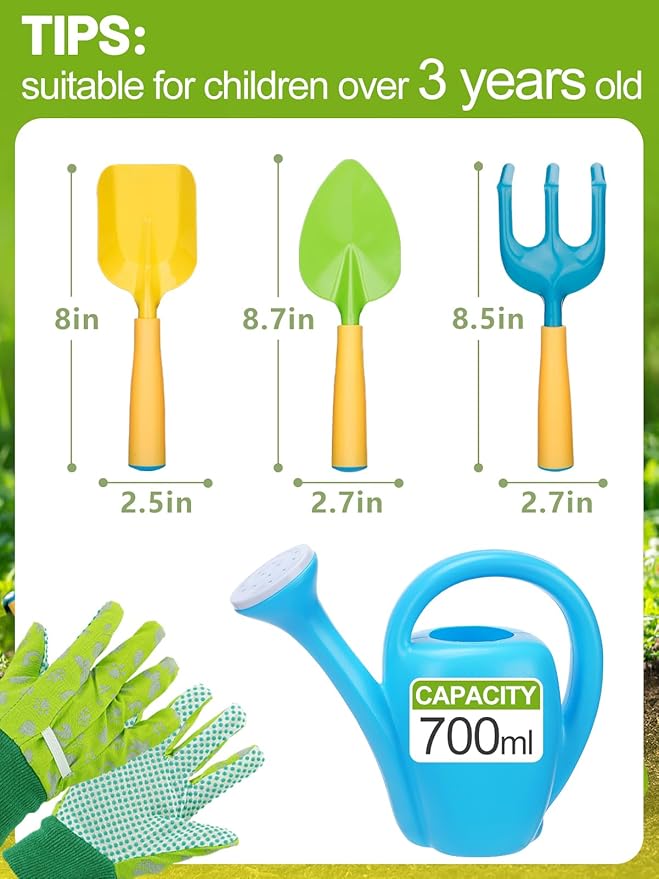 Biubee Toddler Gardening Tools Set - Sturdy Kids Watering Can Toy, Child Gardening Set with Metal Shovel Hand Rake Kids Gloves, Garden Toys for Baby Outdoor Beach Sand Toy Gift, Blue