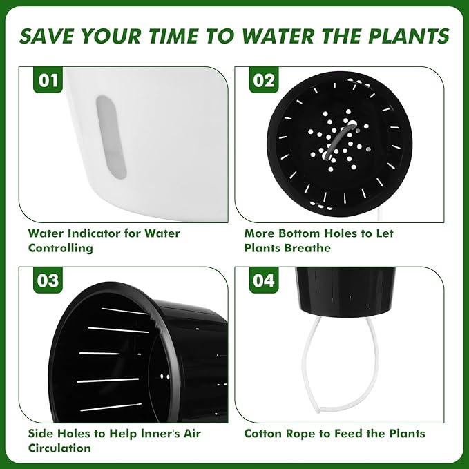 Planterhoma 5 Inch Self Watering Pots for Indoor Plants, 12 Packs African Violet Pots with Indicator, Black Wick Pot with Drainage Holes, Self Watering Planters for Orchid, Devil's Ivy, White