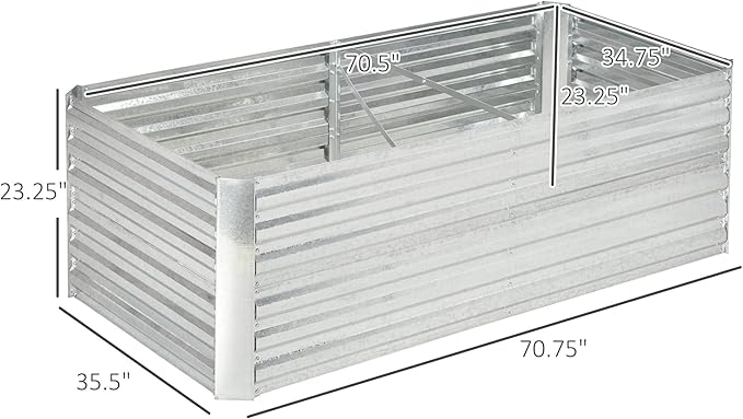 Outsunny Galvanized Raised Garden Bed Kit with Reinforcing Bars, Large and Tall Metal Planter Box for Vegetables, Flowers and Herbs, 6' x 3' x 2', Silver
