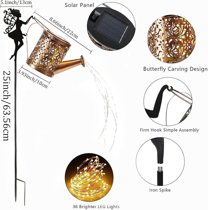 Solar Watering Can Lights,LED Solar Lantern String Light Outdoor Garden Waterproof Hollowed-Out Retro Metal Water Can Lights,for Garden Patio Yard Pathway Lantern Plant Decoration (Fairy)