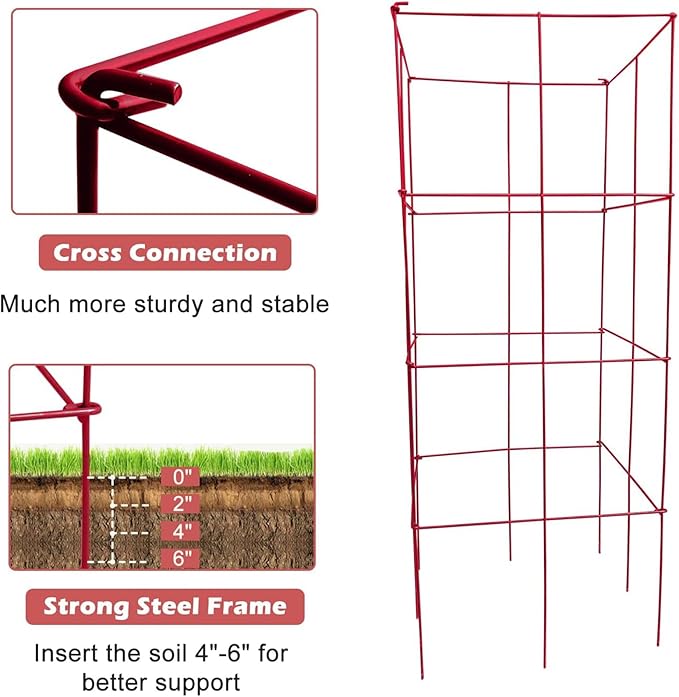 DoCred 4 Pack Tomato Cage, Folding Tomato Cage Heavy Duty Metal Square Tomato Cages Coated Steel Garden Plant Support Stake Tower for Climbing Vegetables, Plants, Flowers, Steel Red