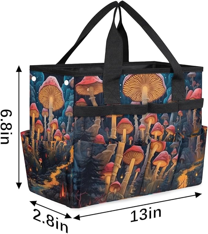 Garden Tool Bag Organizer Garden Tote Bag with Pockets Autumn Mushrooms Tool Storage Organizer Gardening Tool Kit Holder 13" x 6.8" x 2.8"