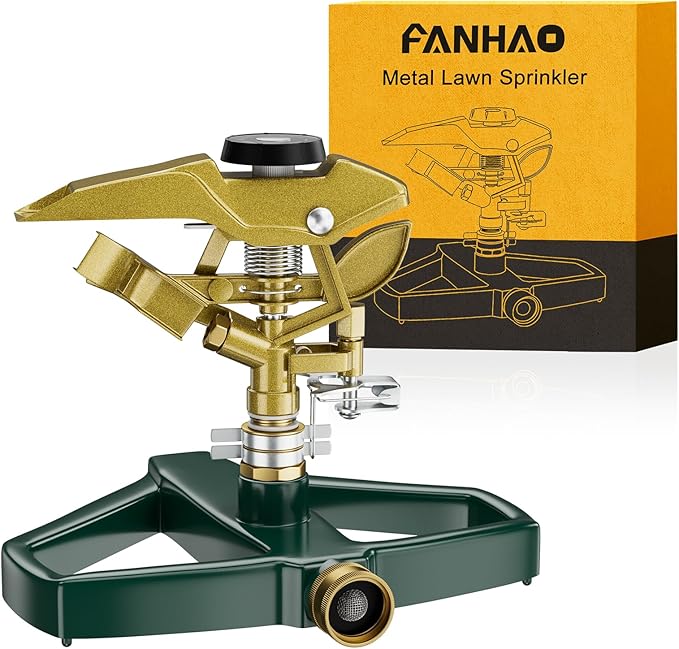 FANHAO Heavy Duty Pulsating Impact Lawn Sprinkler with Metal Base, 100% Metal 360°Adjustable Circular Zinc Impulse Sprinkler for Large Area Lawn & Yard Irrigation, Covers Up to 5800 sq. Ft