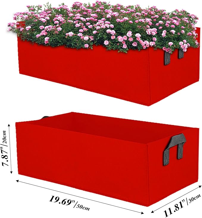 Square Grow Bags, Garden Fabric Planter Container with Handles Bed Flower Vegetables Pots 1MM Thickness Economic Colorful (Red,19.69x11.81x7.87 Rectang)
