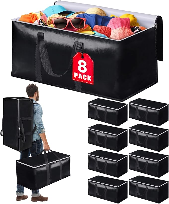 Heavy-Duty & Extra Capacity Moving Bags with Backpack Straps, Storage Totes with Double Zipper & Strong Handles, Packing Bags Alternative to Moving Boxes, Moving Supplies (8 Pack, Black)