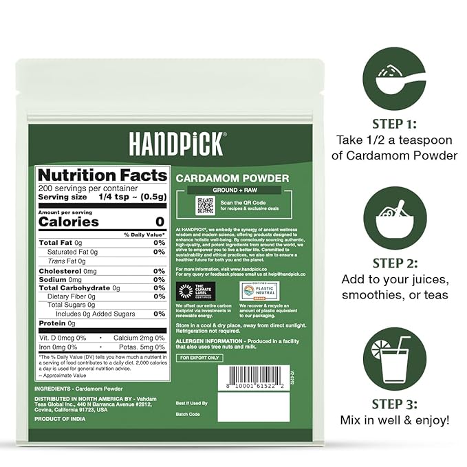 HANDPICK Cardamom Powder (100g/3.53oz) Gluten Free, Raw Ground Elaichi for Cooking, Smoothies, Lattes, Masala Tea, Packed in Resealable Zip Lock Pouch