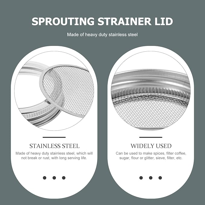 Toyvian 4pcs Stainless Steel Wide Mouth Sprouting Jar Lids 70mm Mesh Strainer Replacement Covers for Mason Jars Seed Sprouter Kitchen Canning Accessories