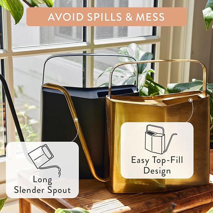 Modern Sprout Brass Finish Plant Watering Can - 3L Capacity - Long Spout Stainless Steel Vessel for Outdoor & Indoor Plants - Rust Resistant - Garden Accessory & Decorative Use - Gift for Mother's Day