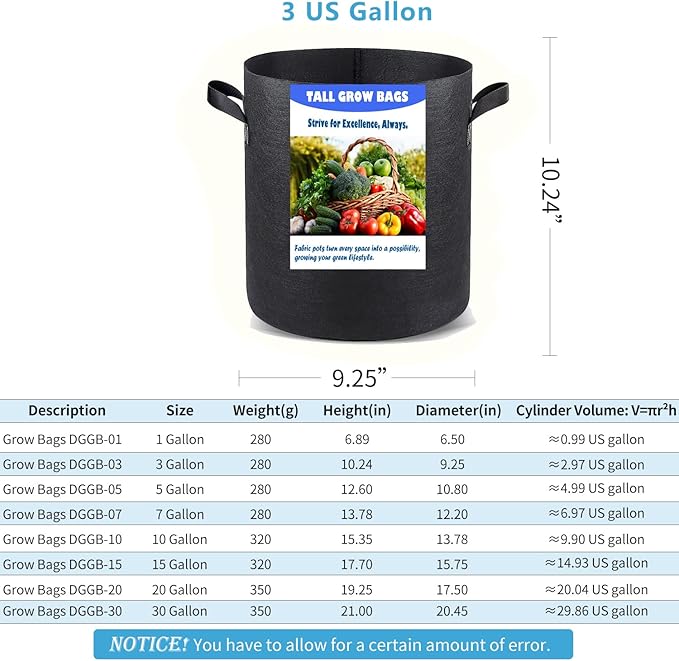 Taller Grow Bags for Deep Root Plants, 3 Gallon 8 Pack Thickened Nonwoven Fabric Pots with Short Handles, Washable Reusable Cloth Plant Bags for Vegetables, Pond Aquatic Plants
