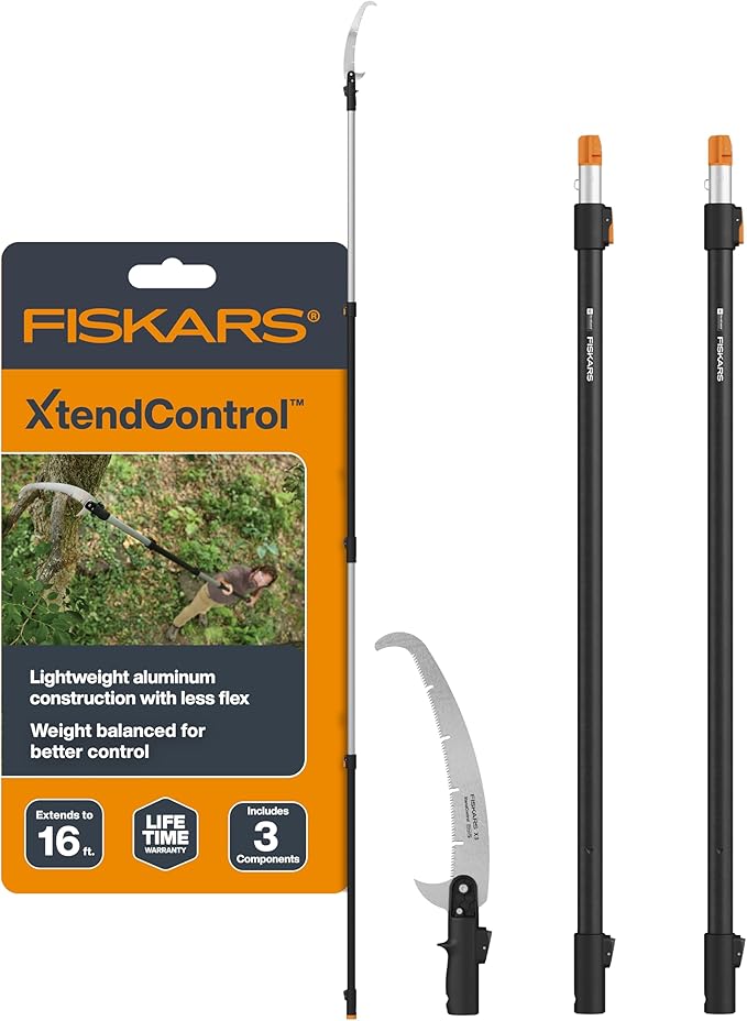 Fiskars XtendControl 16' Tree Pruner with 15" X3 Double-Hooked Saw, Two 4-8 Ft Extension Pole, Lightweight Aluminum Pole Saw for Fast Cutting with Sawdust Reliefs, Secure Locking System, Orange