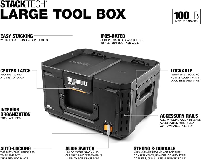 ToughBuilt StackTech Large Tool Box with Auto-Locking Interface, Self-Aligning Top, One-Hand Latch, Accessory Rails, Lock Points & IP65 Protection
