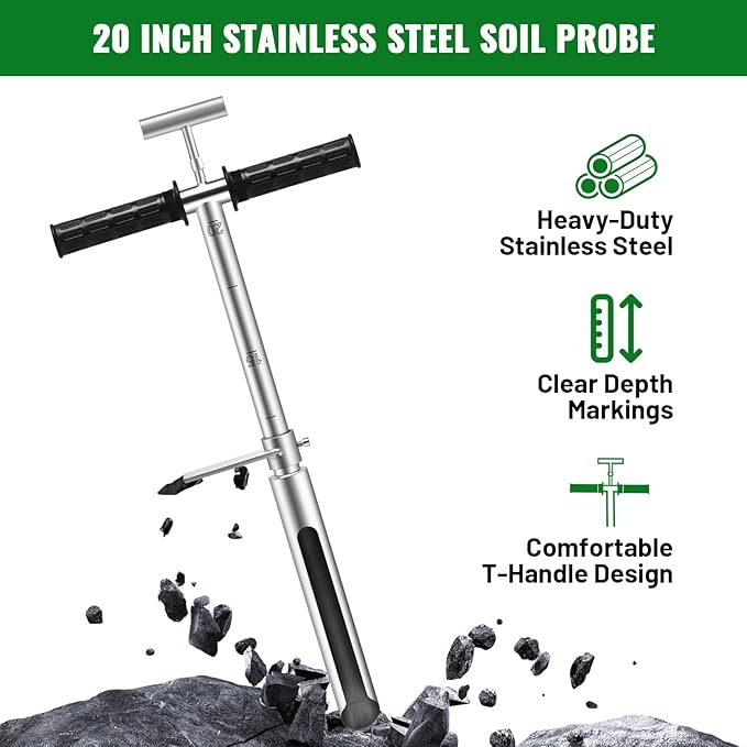 20 Inch Soil Sampler Probe, Stainless Steel Soil Core Sampling Tool with T-Handle, Heavy Duty Soil Probe for Lawn, Garden, Farm & Soil Testing