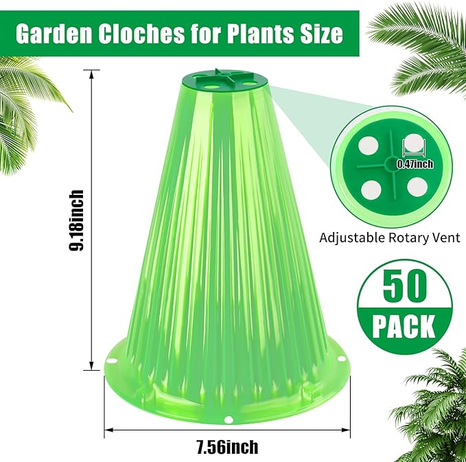 UQM 50 Pack Garden Cloches for Plants, Reusable Bell Plant Protector with Rotary Vent Cover, Garden Protection from Animals Snails Birds Chickens Insect, 9.18" H X 7.56" D (Green)