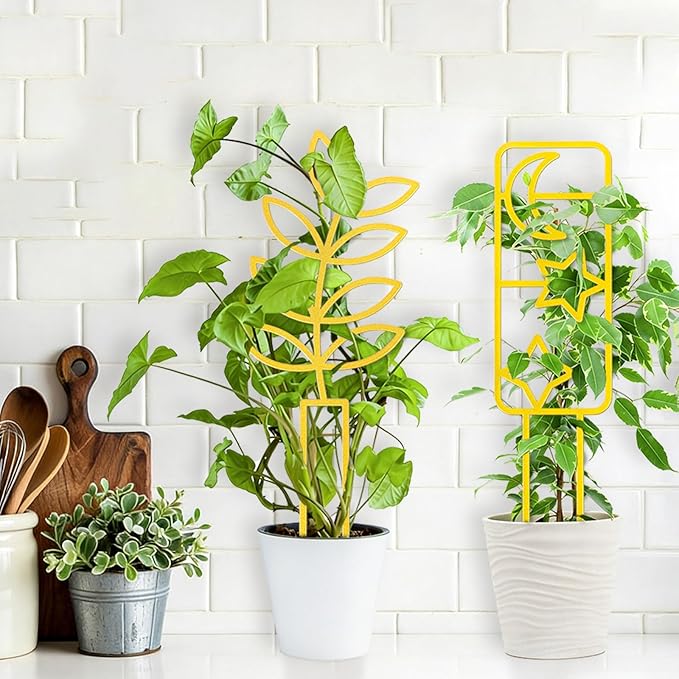 4 Pcs Indoor Plant Trellis for Climbing Plants, Small Trellis for Potted Plants, Garden Metal Trellis Plant Support Trellis with Different Patterns for Vine Ivy Flower (Unique,Gold)