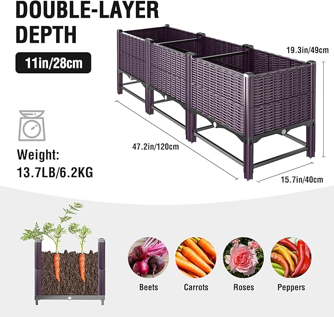 Raised Garden Bed with Reinforcement Rods Elevated Planter Boxes for Outdoor Plants with Drainage Holes for Flowers Vegetables Herbs Patio Backyard Deck Balcony, Purple