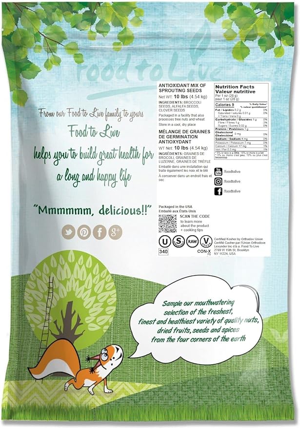 Food to Live - Antioxidant Mix of Sprouting Seeds, 10 Pounds — Broccoli, Clover, Alfalfa, Kosher, Raw, Vegan