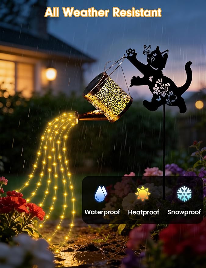 Solar Watering Can Lights with Cascading Light, Solar Lights Outdoor Garden Decor, IP65 Waterproof Hanging Lantern, Hanging Gardening Decor for Outside Patio Porch Yard (Cat)
